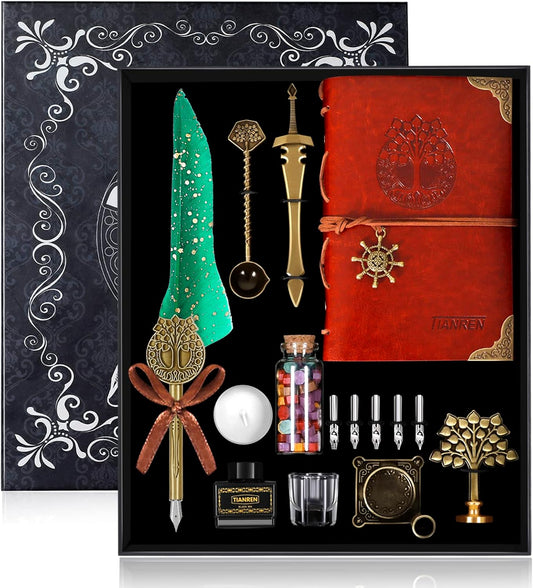 Quill Pen and Ink Set,Feather Dip Pen,Antique Calligraphy Pen with 5 Replaceable Nibs,Wax Seal Stamp kit,Wax Beads & Leather Writing Notebook Christmas gift for Men&Women(Green)