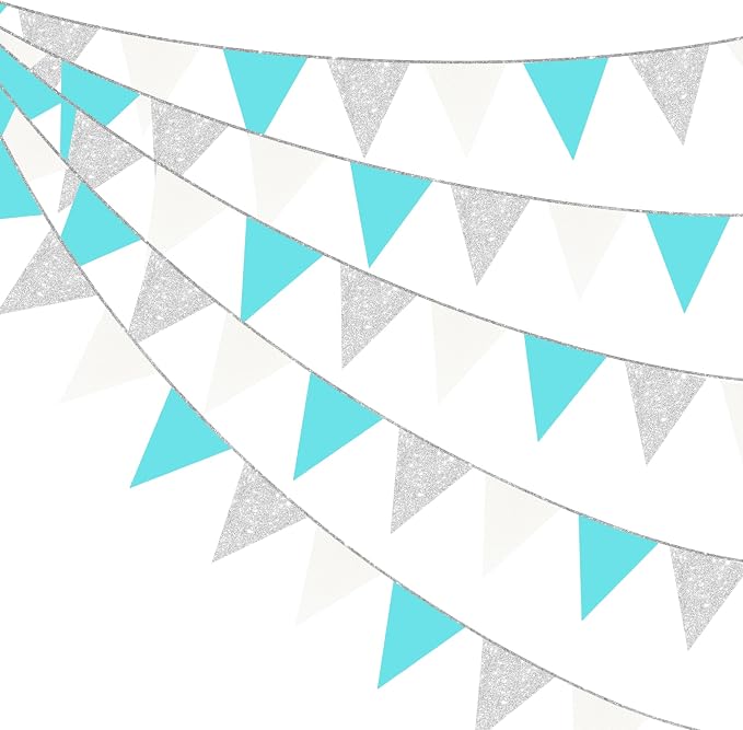 Teal Blue and Silver White Pennant Banner Flag Hanging Glitter Paper Triangle by pinkblume