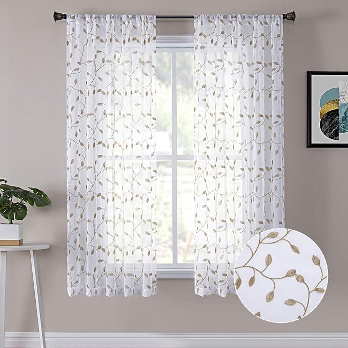 Tollpiz Leaves Short Sheer Curtains Taupe Leaf Embroidery Living Room Curtain by Tollpiz