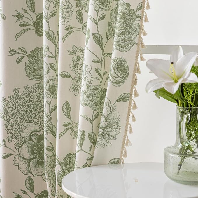 F-CHU Vintage Sage Green Floral Linen Curtains - Image 5