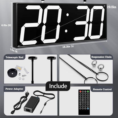 19.5'' Large Digital Wall Clock with Double Sided Display,Multi-Functional LED Hanging Digital Clock with Adjustable Brightness,Suitable for Offices, Warehouses, Corridors (White)