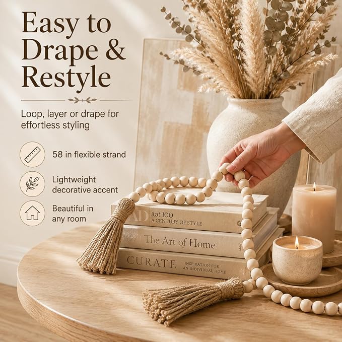 58in Wood Bead Garland Tassels, Farmhouse Tiered Tray Decor | Natural wood beads - Image 8