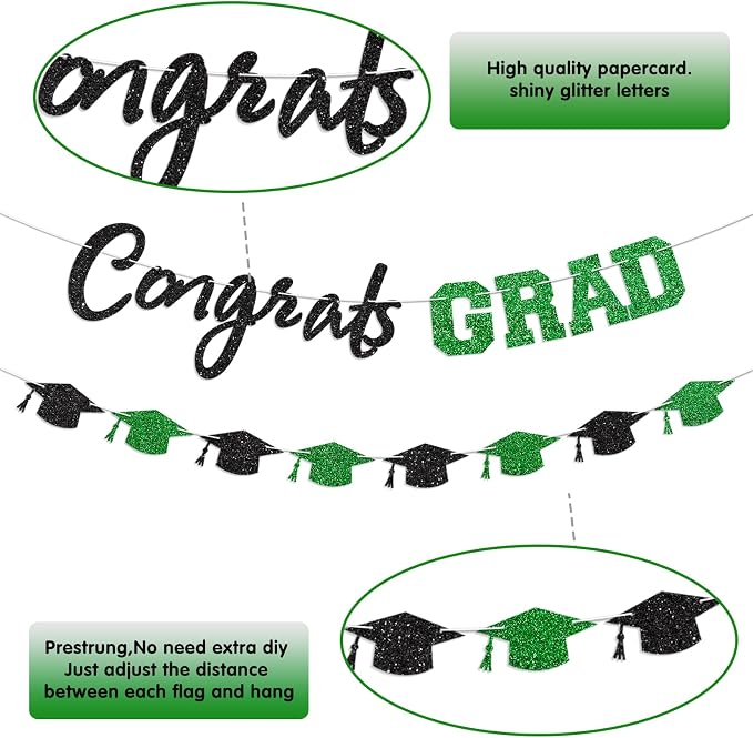 Prestrung Congrats Grad Banner Green and Black Graduation Banner - Image 3