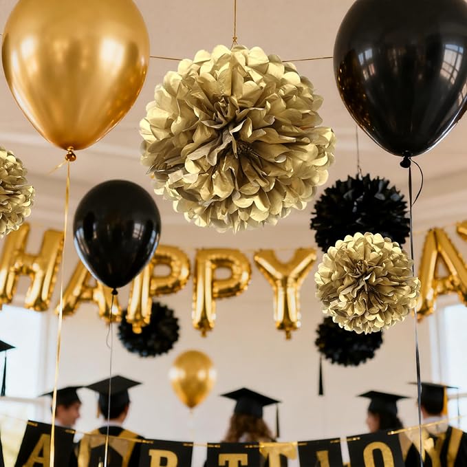 Black Gold Paper Pom Poms for Wedding Birthday Black Gold Party Decoration - Image 5