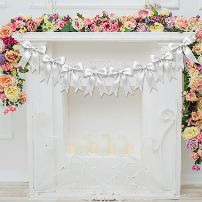 1 String of 8PCS White Bow Garland Banner Decoration, Pre-Strung Satin Ribbon - Image 7