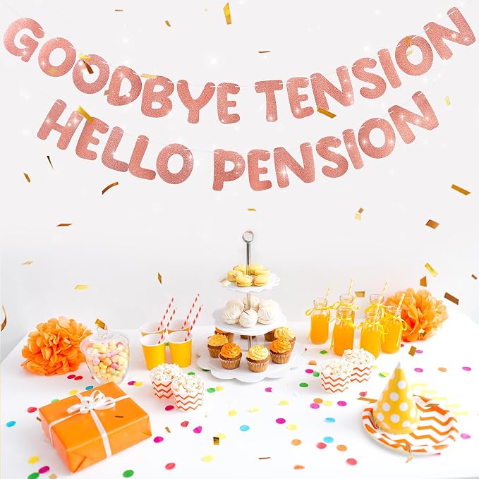 Retirement Banner Pre-Strung GOODBYE TENSION HELLO PENSION Banner Glitter - Image 4