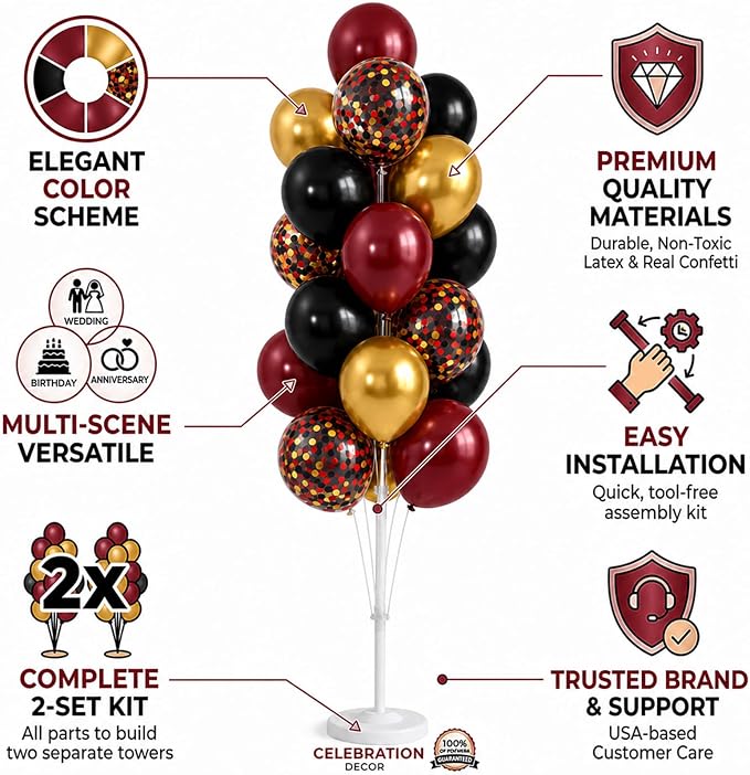 Hiins Balloon Column Kit Set of 2, Burgundy Black Gold Birthday Party Decor | - Image 3