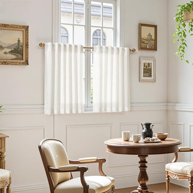 Beige White Linen Curtains for Kitchen Windows Over Sink Neutral 30 Inch Length - Image 6
