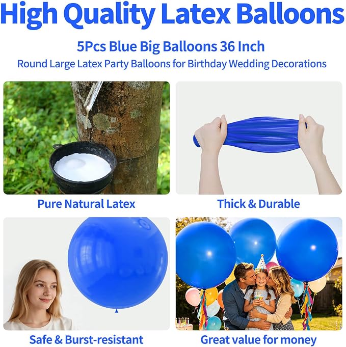 5Pcs Blue Big Balloons 36 Inch, Round Large Latex Party Balloons - Image 2