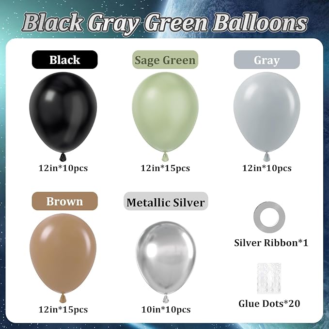 60pcs Green Black and Grey Balloons 12inch - Image 2