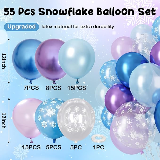 Blue Purple Snowflake Balloons, Pearl Light Blue Purple Metallic Clear Latex - Image 3