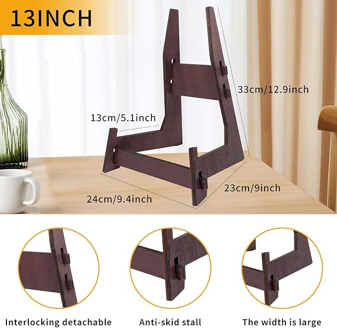 2 Pack 13 Inch Wooden Large Plate Display Stands, Book/Easel Plate Holder, Frame Holder Stand for Bowl, Pottery, Pictures, Books, Artwork