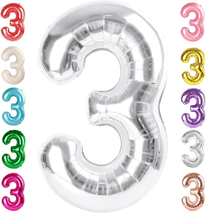 3 Balloon Numbers Birthday Decorations, 40In Silver Balloons by Mluchee