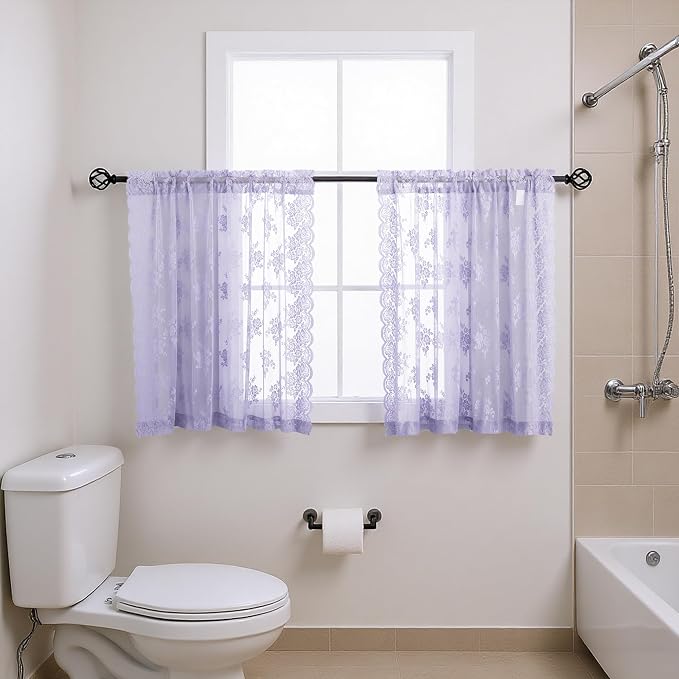 Light Purple Sheer Curtains for Small Windows W42 x L36 Inch, 2 Panels | Rod - Image 7