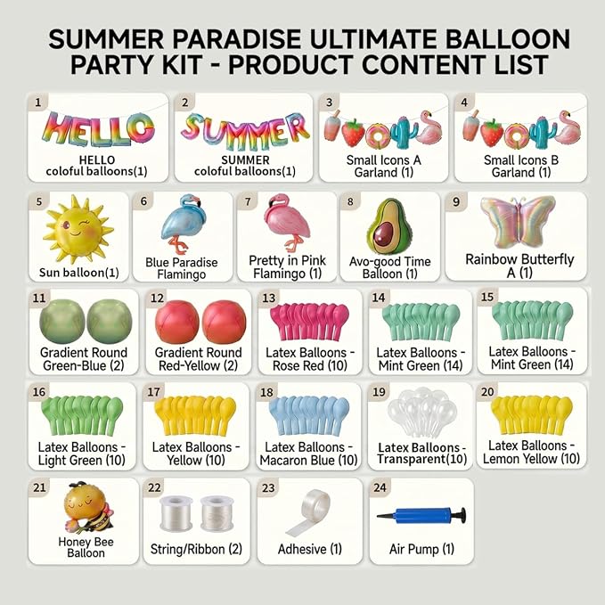 91 PCS "Hello Summer" Foil Balloon Decoration Kit, Tropical Summer Party - Image 7