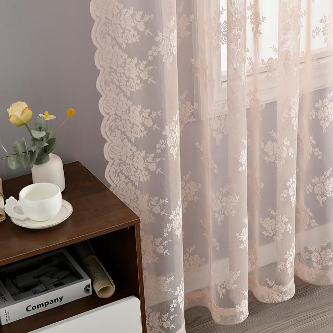 Kotile Blush Pink Floral Lace Curtains - Image 5