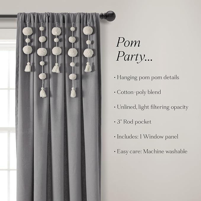 Lush Decor Boho Pom Pom Tassel Linen Textured Window Curtain Panel, Single 52" - Image 7