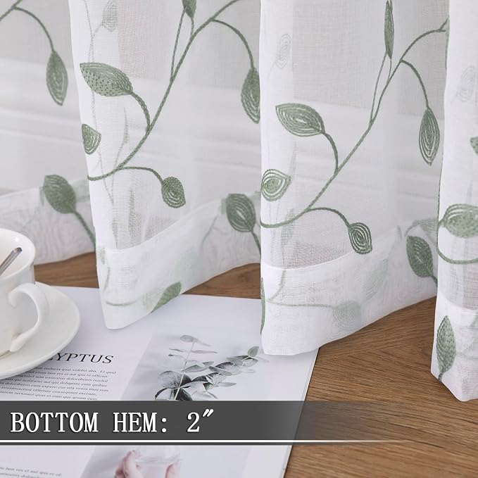 Tollpiz Leaves Sheer Curtain Sage Green Leaf Embroidery Living Room Curtains - Image 4