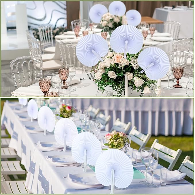 Yulejo 100 Packs White Wedding Fan Round Folding Paper Fans - Image 7