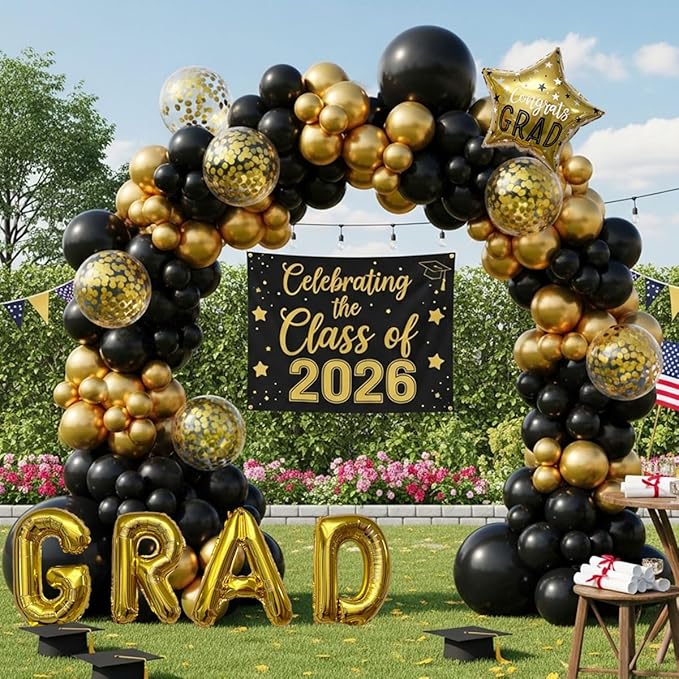 Black and Gold Graduation Balloon Arch Kit, 1 Congrats Star, 8 Gold Confetti by BalloonExpert