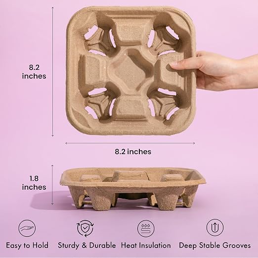 FMP Brands 4 Cup Disposable Drink Carrier Trays, 80 Pack Compostable Pulp Fiber - Image 3