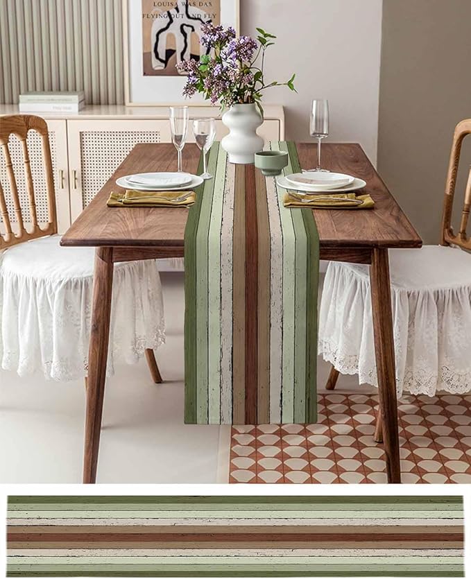 Sage Green Wooden Cotton Linen Table Runner for Dining Kitchen, Wedding Outdoor Party Tablerunners Decoration, Vintage Country Retro Distressed Grain Dresser Scarf Coffee Tablecloth Runners 13''x36''
