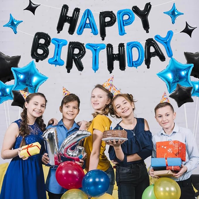 TONIFUL 35PCS Black Blue Happy Birthday Decorations Kit 16 Inch Happy Birthday - Image 4
