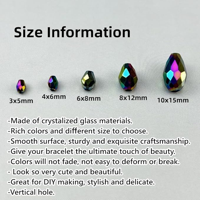 200pcs 3x5mm Teardrop Crystal Glass Beads for Jewelry Making, Faceted Vertical Hole Teardrop Glass Spacer Beads for Wind Chimes Bracelet Earring Necklace DIY Craft(Rainbow)