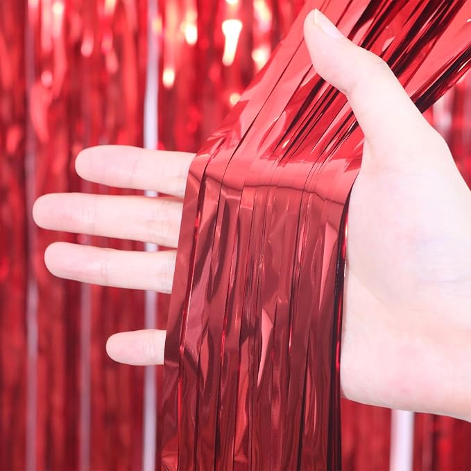Voircoloria Red Foil Fringe Backdrop Curtains, 3.3 x 6.6 ft, Birthday Party - Image 2