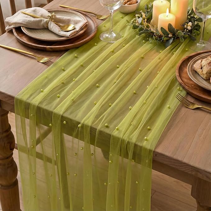 Artoid Mode Pearl Olive Green Gauze Table Runner 120 Inch 10FT, Seasonal Sheer - Image 5