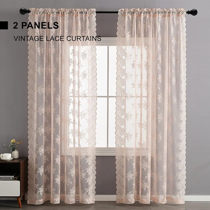Kotile Blush Pink Lace Sheer Curtains - Image 6