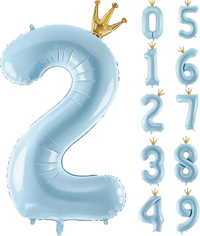 Number 2 Foil Balloon with Crown, 40-Inch Light Blue | Light blue number 2 foil by GifloonOfficial