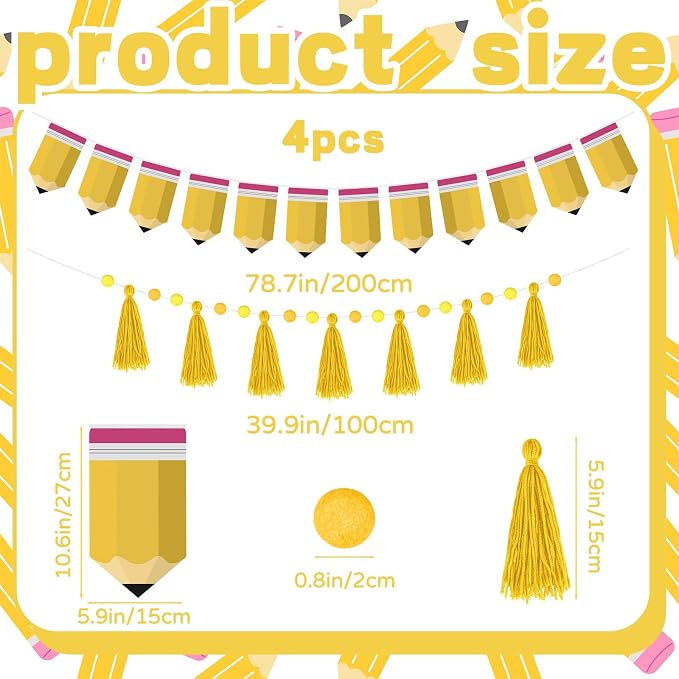 4 Pcs 30 Ft Back to School Banners Decorations Yellow Pencil Tassel Pom Pom - Image 2
