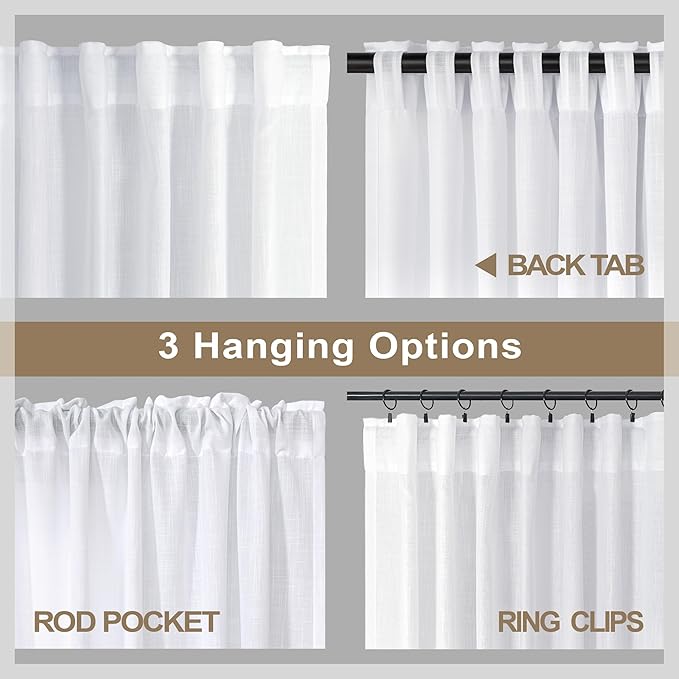 Pitalk White Living Room Curtains 105 Inch Length 2 Panels Set Back Tab Linen - Image 5