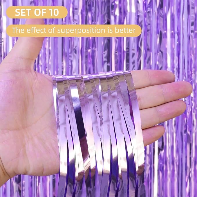 10 Pack Light Purple Backdrop Curtain 3.2ft x 8.2ft Metallic Tinsel Foil Fringe - Image 2