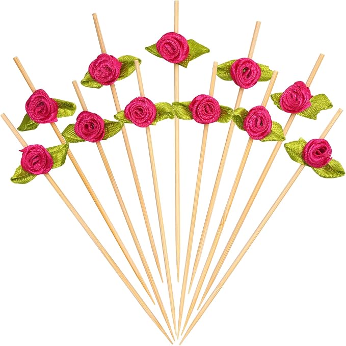 Minisland Hot Pink Rose Flower Cocktail Picks, 4.7 Inch Long Bamboo Fancy by Minisland
