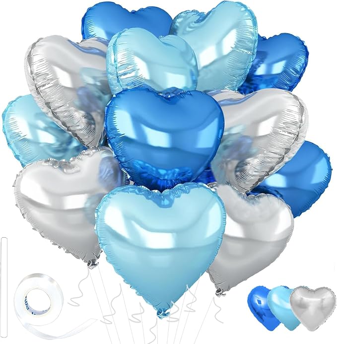 Silver Heart Balloons, 18inch Bright Blue Heart Shaped Foil Balloons & Blue by Wuhetyo