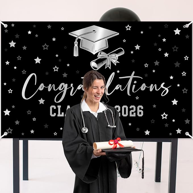 Congratulations Graduation Banner Class of 2026 Backdrop Black Silver Congrats - Image 4