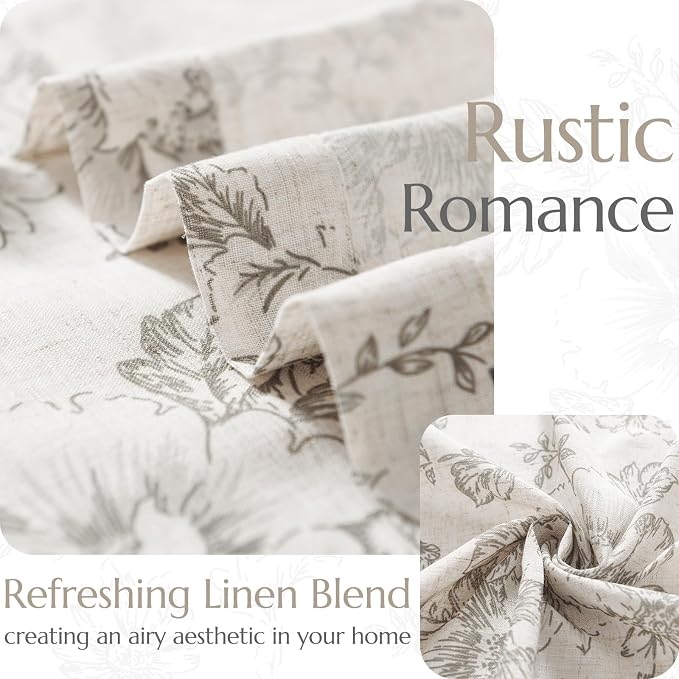 jinchan Grey Floral Linen Curtains 84 Inch Farmhouse Back Tab 2 Panels | Light - Image 4