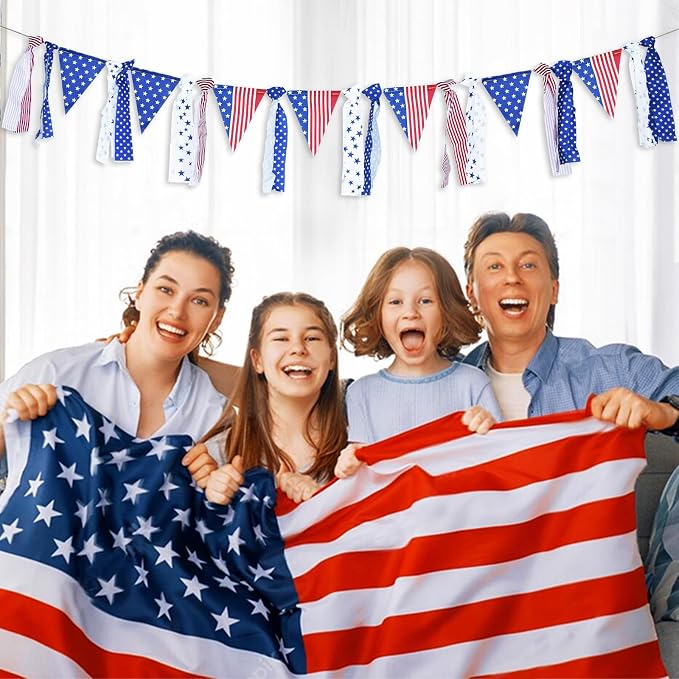 4th of July Patriotic Fabric Tassel Banner Garland – 10 FT Red White Blue - Image 6