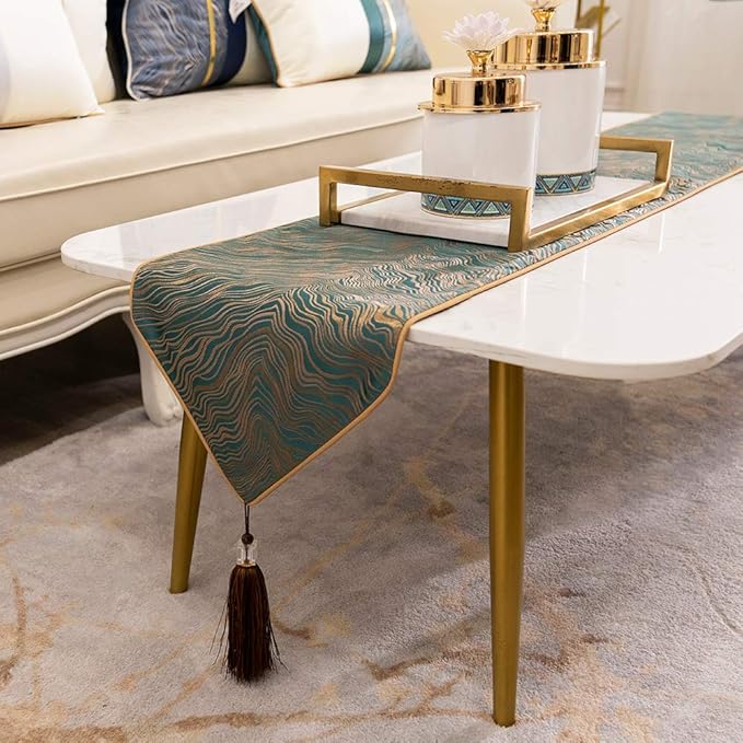 Avigers 12 x 72 Inch Decorative Luxury Abstract Striped Green Teal Table Runners with Tassels for Home Living Room Bedroom Art Decor Wedding