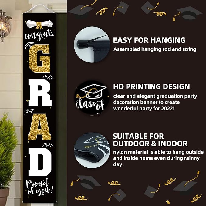 Graduation Decorations 2026 Banner Porch Sign Black Gold - Image 3