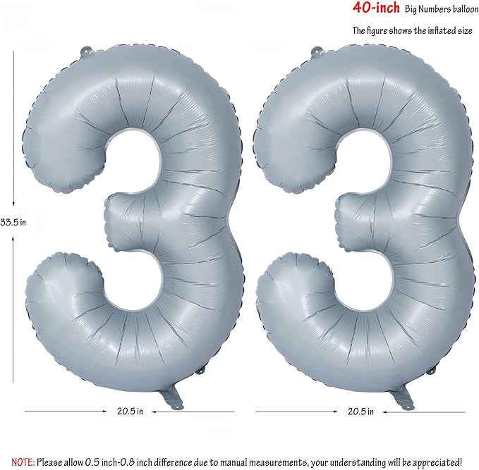 40 In Matte gray Number Balloon Helium Foil Mylar Birthday Balloon Digit 33 | - Image 2
