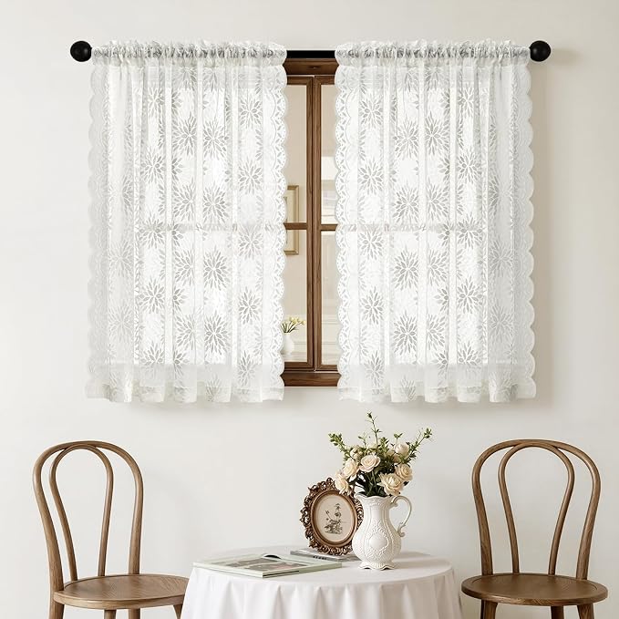 MIULEE Vintage Floral Scalloped Lace Curtains 2 Panels, Semi Sheer Curtains - Image 7
