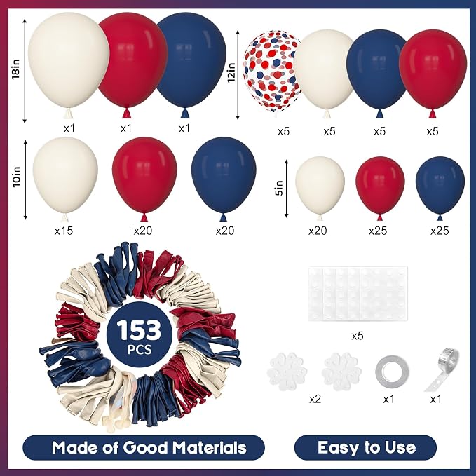 Amandir 153Pcs Red White Blue Balloon Arch Kit, Different Sizes 18 12 10 5 Inch - Image 3