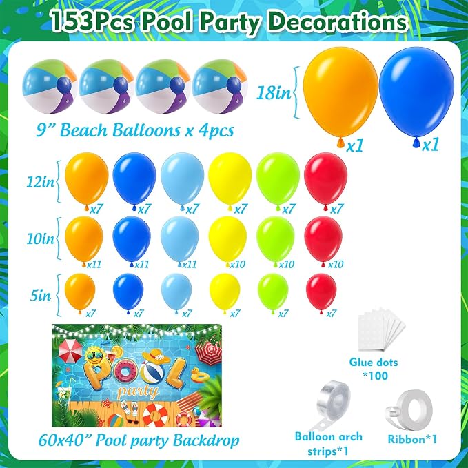 Pool Party Decorations Birthday Supplies 153Pcs, Summer Pool Party Balloon - Image 2