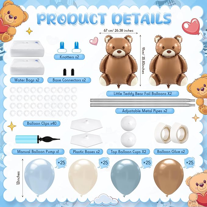 Kasyat 2 Set Bear Baby Shower Balloon Column Stand Kit Dusty Blue and Brown - Image 2