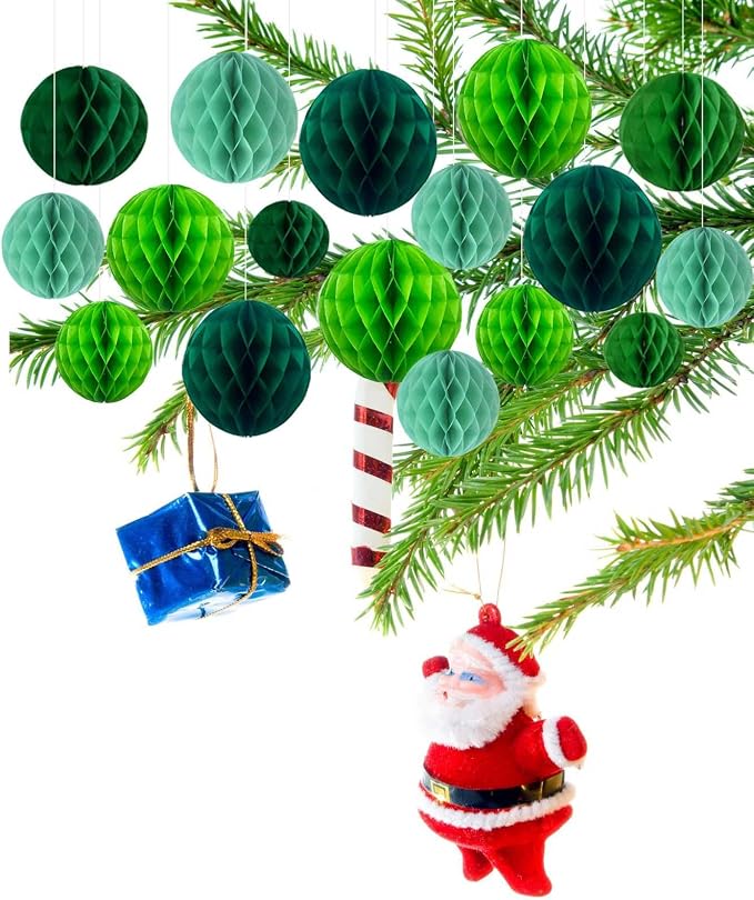Green Paper Honeycomb Balls, 6 and 10 inch Hanging Tissue Pompoms, 12 Pack - Image 5