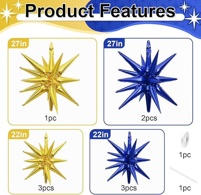 9Pcs Navy Blue Gold Star Balloons, Large Navy and Gold Explosion Star Foil - Image 2