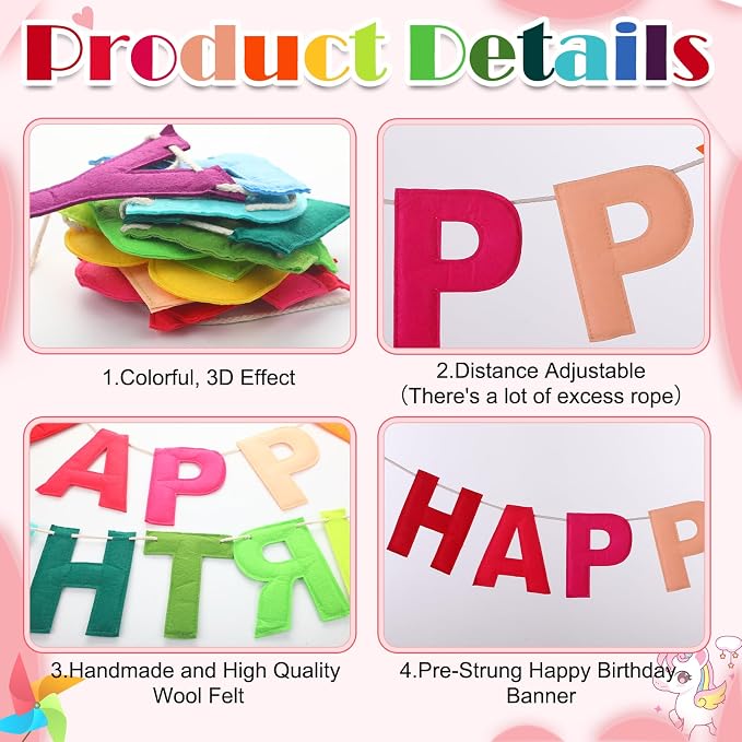 Felt Happy Birthday Garland Rainbow Banner Reusable Happy Birthday Sign Party - Image 3